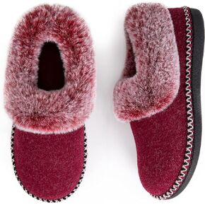 EverFoams Women's Luxury Wool Memory Foam Slippers with Fluffy Faux Fur Collar and Indoor Outdoor Sole