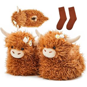 ShinyMatch Highland Cow Slippers for Women Men Plush Animal Slippers with Cotton Socks Soft Ant Slip Scottish Cow Slippers