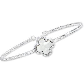 Ross-Simons Charles Garnier Color Me Mother-Of-Pearl Clover and .10 ct. t.w. CZ Cuff Bracelet in Sterling Silver. 7.5 inches