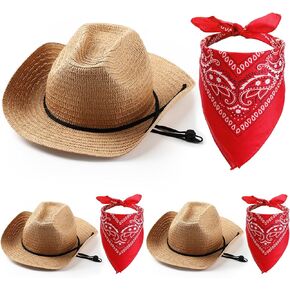 Unittype 3 Set Straw Cowboy Hats and Bandanas Set Classic Western Cowboy Party Red Bandanas Party Hat Accessories
