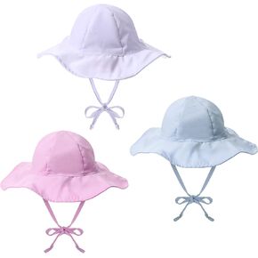 Geyoga 3 Pcs Baby Sun Hat Summer Beach Hat Outdoor Adjustable Floppy Hat with Protection Wide Brim for 0-6 Month Boy and Girl(Blue, White, Pink, 19 Inch)