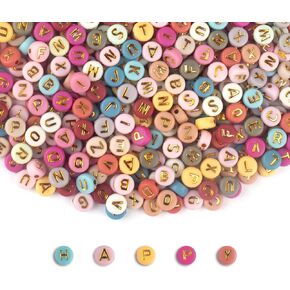 1000PCS Colourful Letter Beads for Threading, 4 x 7 MM, A-Z White Letter Beads and Colourful Heart Beads, Acrylic Round Beads for Jewellery DIY Making Crafts Bracelets Necklaces Ornaments-Gold