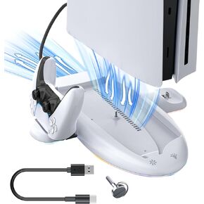 OLCLSS Stand for PS5 Slim with Cooling Fan & RGB Lighting, Compatible with Regular and Elite Controller Charging, for PS5 Slim Console Only, Not for Other