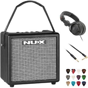 NUX Mighty 8BT Portable Electric Guitar Amplifier with Bluetooth Bundle with Polsen HPC-A30-MK2 Studio Monitor Headphones, Kopul 10' Instrument Cable, and Fender 12-Pack Picks