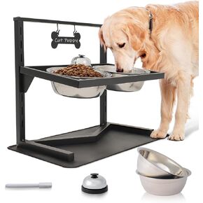 Grand Line Elevated Dog Bowls 7 Height Adjustable, 10° Tilted Raised Dog Bowls Stand with Spill Proof Mat, Two 1.5L Stainless Steel Dog Food Water Bowls for Large Medium Small Dogs (4.3" - 13.8" in)
