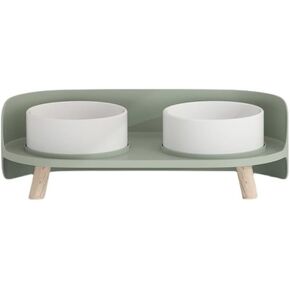 A4DOG Ceramic Dog Bowls with Stand - Elevated Dog Water and Food Bowl Set 13.5oz Cat & Dog Feeding Station Spill Proof Splash Proof Raised Pet Food Bowls for Dogs, Green/White No Mess Pet Feeder