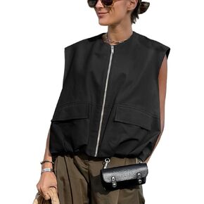 Yimoon Women’s Oversized Zip Up Cargo Vest Casual Ruched Hem Sleeveless Blazer Jackets Vest Top with Pockets