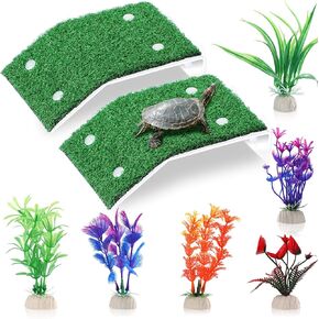 2 Pcs Turtle Basking Platform Ramp Medium Tortoise Terrace Resting Ladder Simulation Lawn and 6 Pcs Artificial Plastic Aquarium Plants Turtle Tank Accessories Decorations for Small Reptile Turtle