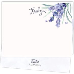 Koko Paper Co Lavender Thank You Cards | 25 Flat Cards and Envelopes | Printed on Heavy Card Stock.