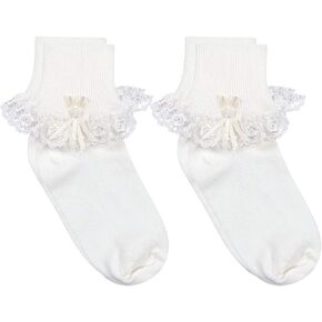 Country Kids Fancy Venice Lace Trimmed Turncuff Socks with Pearls & Ribbon Streamers