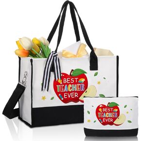 Capoda Teacher Appreciation Gift Teacher Tote Bag Thank You Teacher Canvas Bag Makeup Bag for Retirement Teachers Day Gifts(Apple)