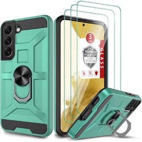 Samsung Galaxy S22 Case, Galaxy S22 5G Case with [3X Tempered Glass Screen Protector], Built-in Ring Kickstand and Magnetic Car Mount Shockproof Dropproof Armor Case for Galaxy S22 5G - Green