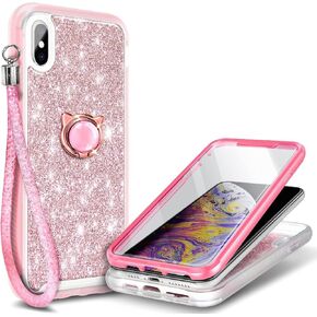 NGB Supremacy Designed for iPhone Xs Max Case, Full Body Protection with [Built-in Screen Protector] Ring Holder/Wrist Strap, Shockproof Bumper Cute Case (Glitter Rose Gold)