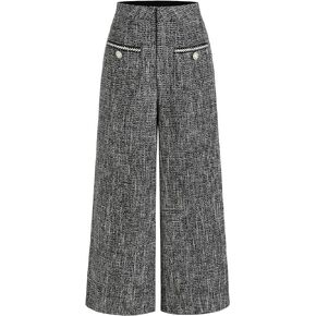 CIDER Tweed Mid Waist Solid Button Wide Leg Trousers