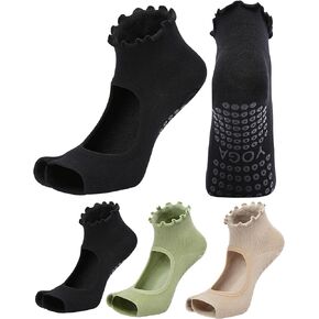 Digoon 3 Pairs Pilates Socks Toeless with Grips Non Slip Ruffle Yoga Socks Grip Socks for Women