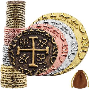 Pirate Coins - 36 Bronze, Silver, Gold & Rose Gold Treasure Coin Set, Metal Replica Spanish Doubloons for Board Games, Tokens, Cosplay - Treasure Chest, M, L, XL, XXL Sizes Mix