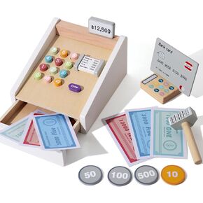 Cash Register Toys Pretend Play Calculator, Credit Card and Scanner Wooden Cash Register Toy Play Food for Boys & Girls Ages 3 4 5 6 7 Year Old as Preschool Gift for Kids