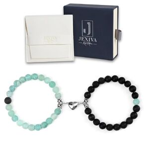 Set Of 2 Couples Bracelet Magnetic Healing Natural Bead Stone Stretch Bracelet Unisex Anniversary, Friendship, Valentine, Christmas Gift (Black+Howlite, With Luxury Giftbox)