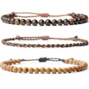 Mezcla Vida 3 Pcs Handmade Natural Gemstone Beaded Healing Bracelet, Adjustable Waterproof Rope Bracelet Set, Valentines Day Birthday Gifts for Boyfriend Husband Him (Breciated jasper & Mahogany)