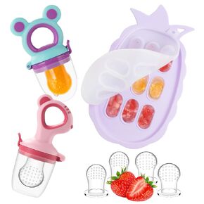 Silicone Baby Fruit Food Feeder, Breastmilk Popsicle Molds Silicone, Freezer Tray with lid for Batch Prep, Introduce New Foods, Includes 4 Extra Food Pacifier