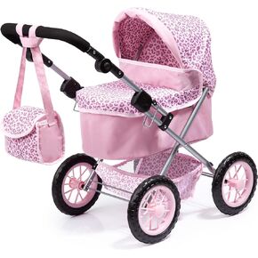 Bayer Design Dolls: Trendy Pram - Pink & Animal Print- Includes Shoulder Bag, Fits Dolls Up to 18", Adjustable Handle, Kids Pretend Play, Shopping Basket, Easy to Fold, Ages 3+