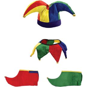Nicky Bigs Novelties Adult Clown Court Jester Hat Collar Shoes Joker Accessories Set Costume 3 Piece Kit