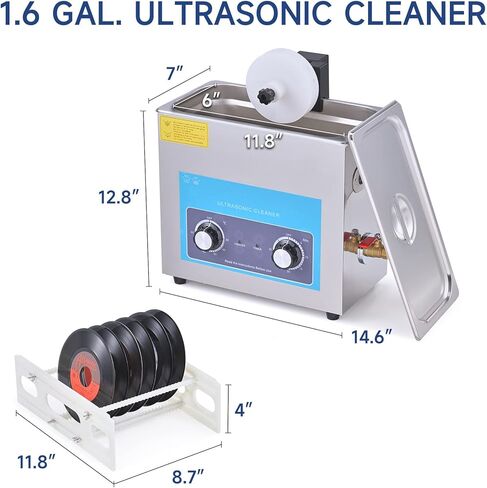 منظف ​​سجل الفينيل التلقائي بالموجات فوق الصوتية من CREWORKS مع التحكم في مقبض مؤقت السخان، آلة التجويف الصوتي 1.6 جالون، منظف من الفولاذ المقاوم للصدأ 180 وات 6 لتر لسجلات المجوهرات والساعات، مثبتات النظارات، أطقم الأسنان in Kuwait