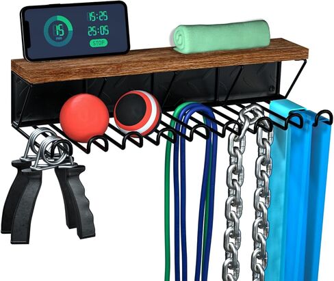 منظم رفوف تخزين الصالة الرياضية من J JACKCUBE DESIGN لمعدات التمارين الرياضية، ومعدات اللياقة البدنية، وأشرطة المقاومة، وحامل حامل أحزمة الرفع مع 9 خطافات معدنية شديدة التحمل ورف خشبي- MK713A in Kuwait