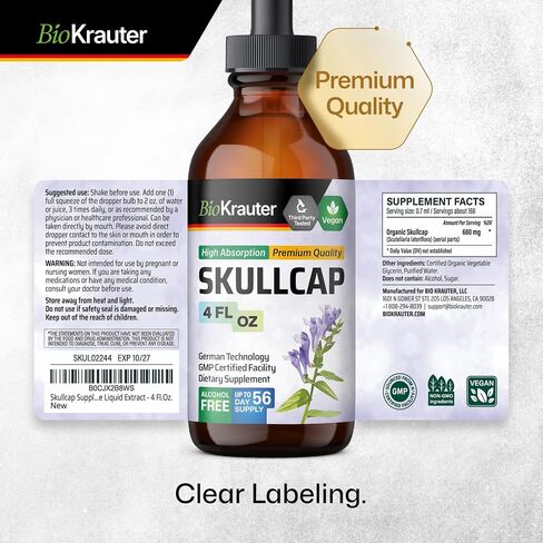 BIO KRAUTER Skullcap Herb Tincture - Organic Scutellaria Lateriflora Liquid Extract - Nervous System Support Supplement - Alcohol and Sugar Free - Vegan Drops 4 Fl.Oz. in Saudi Arabia
