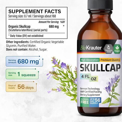 BIO KRAUTER Skullcap Herb Tincture - Organic Scutellaria Lateriflora Liquid Extract - Nervous System Support Supplement - Alcohol and Sugar Free - Vegan Drops 4 Fl.Oz. in Saudi Arabia