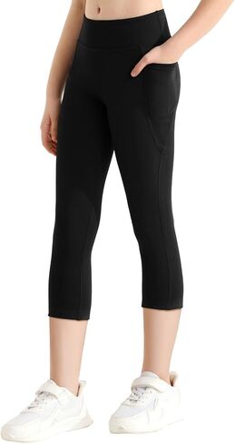 Girls Athletic Leggings with Pockets Capri Black Leggings Yoga Workout Active Pants for Teen Girls 3/4 Summer Shorts in Saudi Arabia