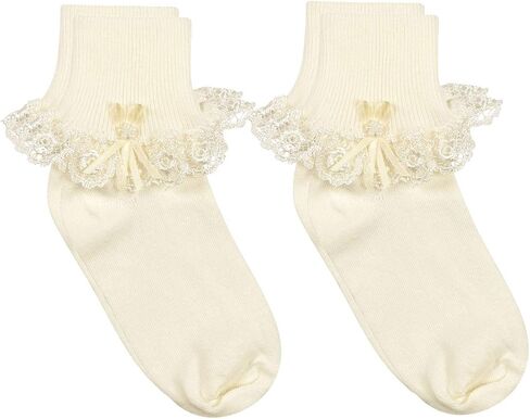 Country Kids Fancy Venice Lace Trimmed Turncuff Socks with Pearls & Ribbon Streamers in Saudi Arabia