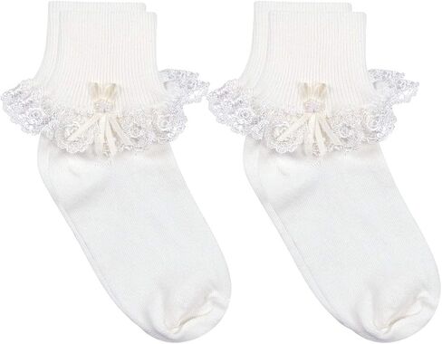 Country Kids Fancy Venice Lace Trimmed Turncuff Socks with Pearls & Ribbon Streamers in Saudi Arabia