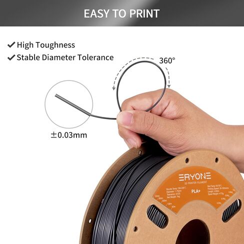 ERYONE PLA Plus Filament 1.75 مم PLA+ خيوط طابعة ثلاثية الأبعاد +/-0.03 مم، 1 كجم (2.2 رطل)/ بكرة، أسود in Kuwait