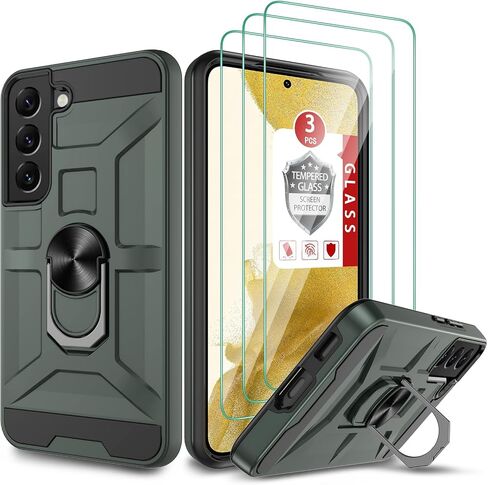 Samsung Galaxy S22 Case, Galaxy S22 5G Case with [3X Tempered Glass Screen Protector], Built-in Ring Kickstand and Magnetic Car Mount Shockproof Dropproof Armor Case for Galaxy S22 5G - Green in Saudi Arabia