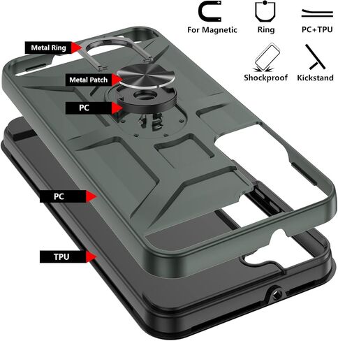 Samsung Galaxy S22 Case, Galaxy S22 5G Case with [3X Tempered Glass Screen Protector], Built-in Ring Kickstand and Magnetic Car Mount Shockproof Dropproof Armor Case for Galaxy S22 5G - Green in Saudi Arabia