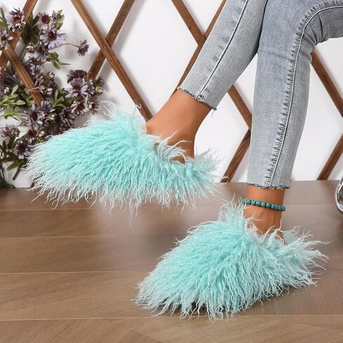 Unisex Fuzzy Faux Fur Slippers, Women's Fluffy Long Hair Sheep Faux Fur Slip on Slides, Girls Luxury Big Fluffy Outdoor Flat Slippers, Long Curly Hair Non-Slip Warm Home Slide Shoes in Kuwait