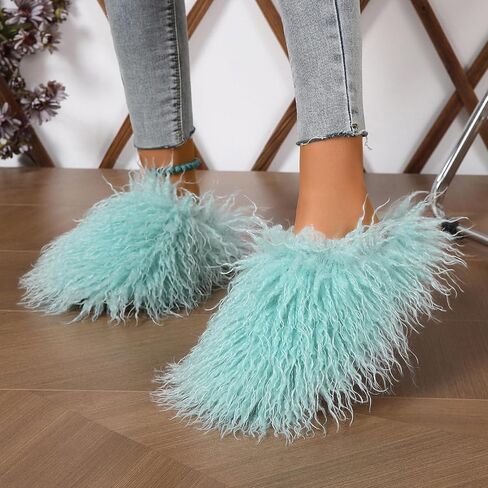 Unisex Fuzzy Faux Fur Slippers, Women's Fluffy Long Hair Sheep Faux Fur Slip on Slides, Girls Luxury Big Fluffy Outdoor Flat Slippers, Long Curly Hair Non-Slip Warm Home Slide Shoes in Kuwait
