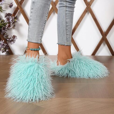 Unisex Fuzzy Faux Fur Slippers, Women's Fluffy Long Hair Sheep Faux Fur Slip on Slides, Girls Luxury Big Fluffy Outdoor Flat Slippers, Long Curly Hair Non-Slip Warm Home Slide Shoes in Kuwait