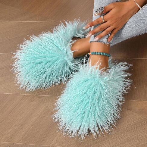 Unisex Fuzzy Faux Fur Slippers, Women's Fluffy Long Hair Sheep Faux Fur Slip on Slides, Girls Luxury Big Fluffy Outdoor Flat Slippers, Long Curly Hair Non-Slip Warm Home Slide Shoes in Kuwait