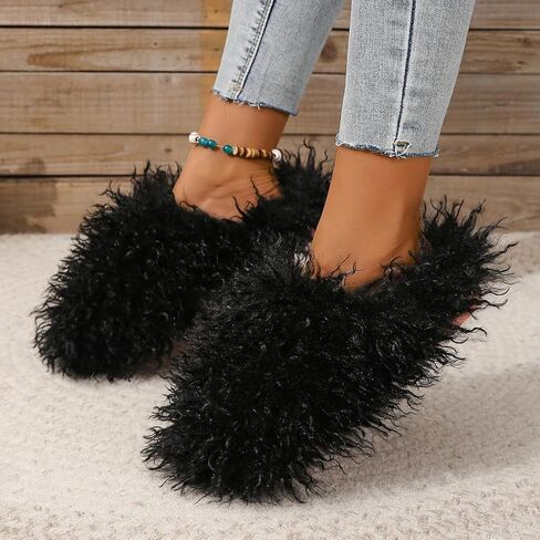 Unisex Fuzzy Faux Fur Slippers, Women's Fluffy Long Hair Sheep Faux Fur Slip on Slides, Girls Luxury Big Fluffy Outdoor Flat Slippers, Long Curly Hair Non-Slip Warm Home Slide Shoes in Kuwait