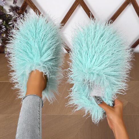 Unisex Fuzzy Faux Fur Slippers, Women's Fluffy Long Hair Sheep Faux Fur Slip on Slides, Girls Luxury Big Fluffy Outdoor Flat Slippers, Long Curly Hair Non-Slip Warm Home Slide Shoes in Kuwait