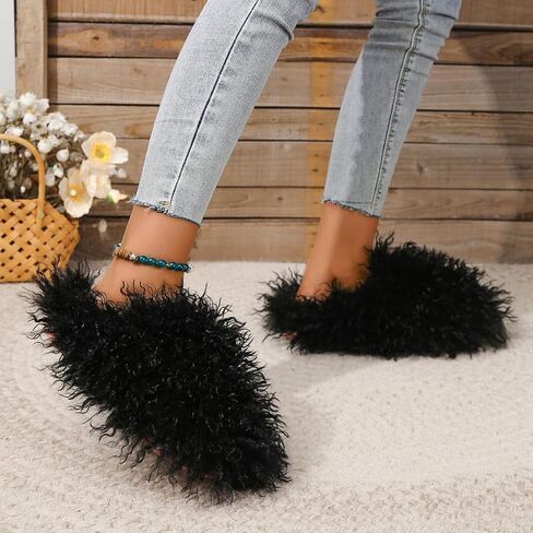 Unisex Fuzzy Faux Fur Slippers, Women's Fluffy Long Hair Sheep Faux Fur Slip on Slides, Girls Luxury Big Fluffy Outdoor Flat Slippers, Long Curly Hair Non-Slip Warm Home Slide Shoes in Kuwait