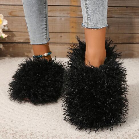 Unisex Fuzzy Faux Fur Slippers, Women's Fluffy Long Hair Sheep Faux Fur Slip on Slides, Girls Luxury Big Fluffy Outdoor Flat Slippers, Long Curly Hair Non-Slip Warm Home Slide Shoes in Kuwait