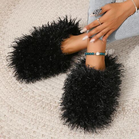 Unisex Fuzzy Faux Fur Slippers, Women's Fluffy Long Hair Sheep Faux Fur Slip on Slides, Girls Luxury Big Fluffy Outdoor Flat Slippers, Long Curly Hair Non-Slip Warm Home Slide Shoes in Kuwait