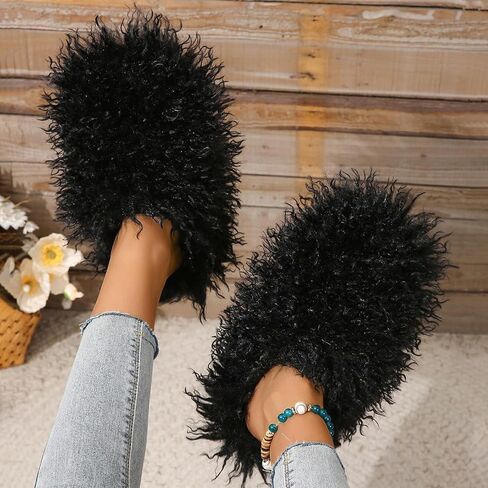 Unisex Fuzzy Faux Fur Slippers, Women's Fluffy Long Hair Sheep Faux Fur Slip on Slides, Girls Luxury Big Fluffy Outdoor Flat Slippers, Long Curly Hair Non-Slip Warm Home Slide Shoes in Kuwait