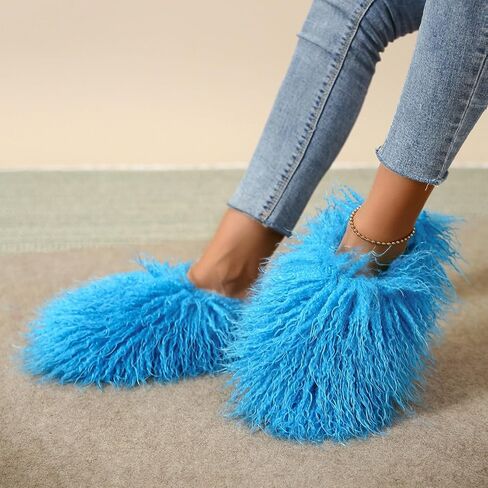 Unisex Fuzzy Faux Fur Slippers, Women's Fluffy Long Hair Sheep Faux Fur Slip on Slides, Girls Luxury Big Fluffy Outdoor Flat Slippers, Long Curly Hair Non-Slip Warm Home Slide Shoes in Kuwait