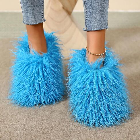 Unisex Fuzzy Faux Fur Slippers, Women's Fluffy Long Hair Sheep Faux Fur Slip on Slides, Girls Luxury Big Fluffy Outdoor Flat Slippers, Long Curly Hair Non-Slip Warm Home Slide Shoes in Kuwait