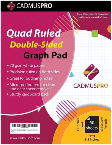 لوحة ورق رسم بياني مقاس 8.5 بوصة × 11 بوصة من CADMUSPRO، شبكة 1/4 بوصة 4 × 4، 50 ورقة لكل وسادة، شريط ربط، رائعة للرسم والرسم والرسومات الهندسية ورسم الرسم البياني in Kuwait