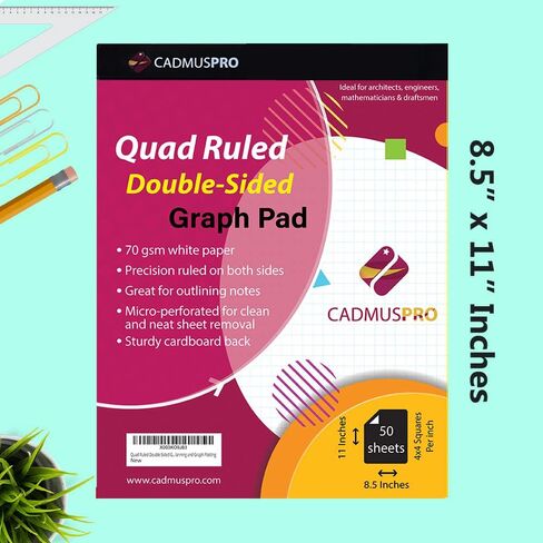 لوحة ورق رسم بياني مقاس 8.5 بوصة × 11 بوصة من CADMUSPRO، شبكة 1/4 بوصة 4 × 4، 50 ورقة لكل وسادة، شريط ربط، رائعة للرسم والرسم والرسومات الهندسية ورسم الرسم البياني in Kuwait